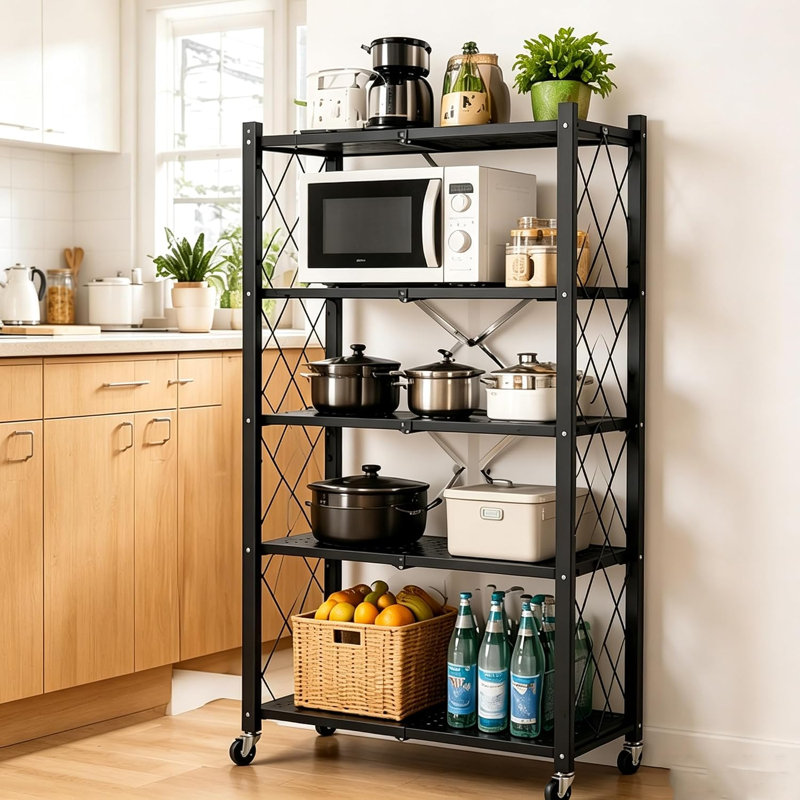 Étagère de rangement pliable à 5 niveaux avec roulettes, idéale pour la cuisine, cet organisateur en métal robuste convient parfaitement aux bibliothèques, garages, celliers et bureaux. Dimensions : 71 cm (L) x 34 cm (P) x 145 cm (H). Couleur : noir.