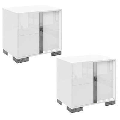 Table de chevet moderne lustrée de 23,6 po avec poignée à tirer électrolytique Mercidieu, blanc, ensemble de 2