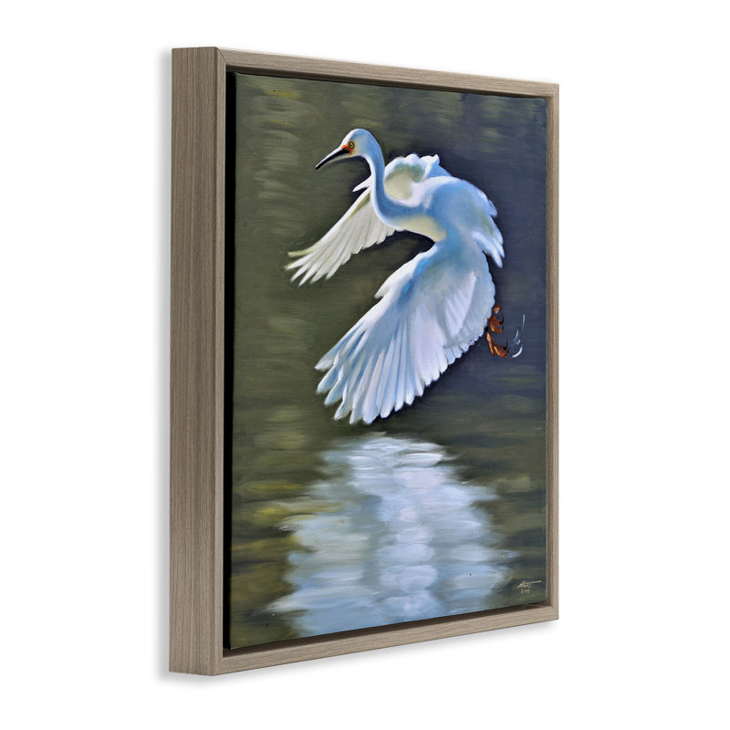 «Egret Flying Lake Surface» par D. Rust, H 18 po x l 18 po x P 1,7 po, Cadre flottant orme Montalcino