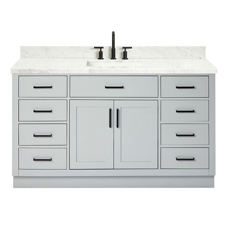 Tidworth Solid Wood Single Bathroom Vanity with 1.5'' Carrara Marble Top, Gray, Rectangular