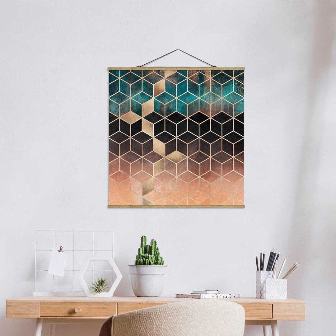 Poster Türkis Rosé Goldene Geometrie von Elisabeth Fredriksson