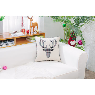 Reindeer Head Plaid Patch Square Cotton Pillow Cover & Insert