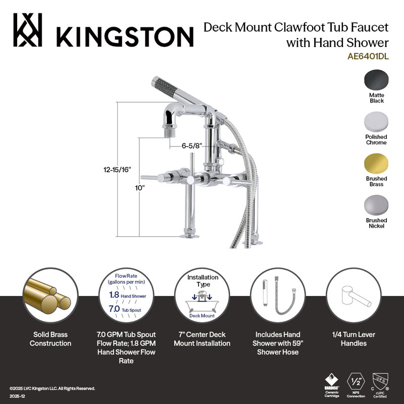 Kingston Concord Three-Handle 2-Hole Deck-Mount Clawfoot Tub Faucet With Hand Shower, Polished Chrome