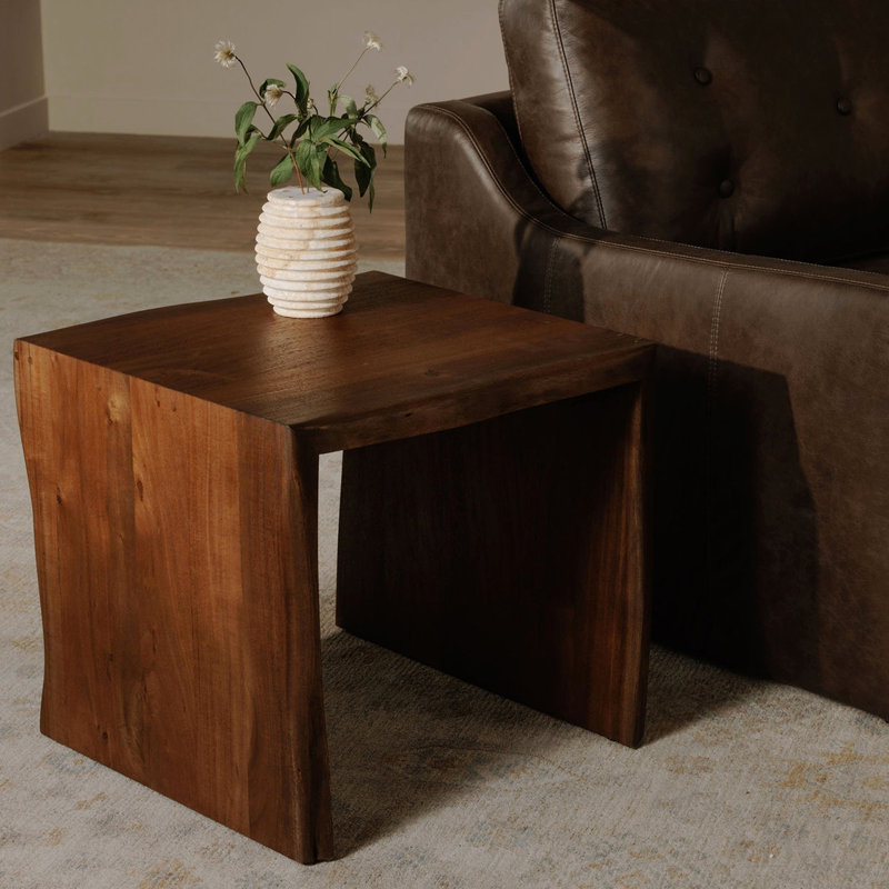 Side Table, Rustic Design, Solid Acacia Wood, Live-Edge Detailing, Water-Based Finish, Brown