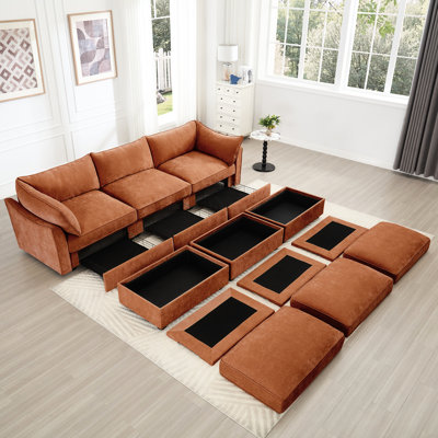 Chenille orange à 3 places avec repose-pieds, rangement caché pour canapé-lit dans un repose-pieds, conception enveloppée et accoudoir, chenille douce, options de tailles multiples, tiroir coulissant, structure en forme de croissant,