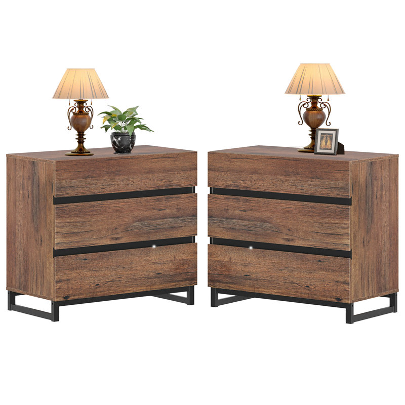 Aadam 3-Drawer Wood Nightstands with Metal Legs, Brown