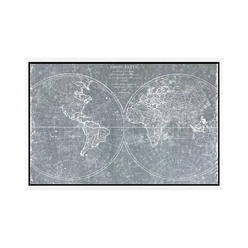 Galvanized World Map - Print on Canvas, 45.72cm H x 66.04cm W x 3.81cm D, White Framed