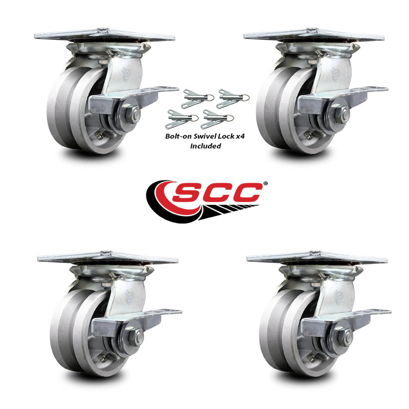 4 Inch V Groove Semi Steel Caster Set with Ball Bearings and Brakes/Swivel Locks