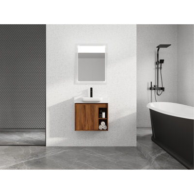 24'' Wall-Mounted Bathroom Vanity With White Ceramic Sink & Soft-Close Door, KD-Packing