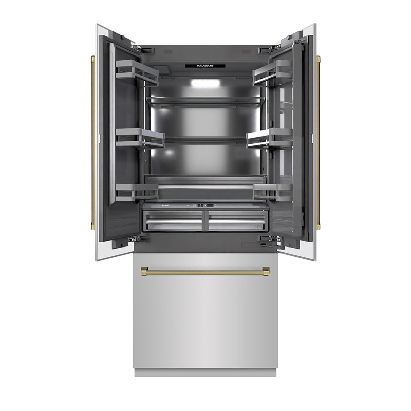 ZLINE Autograph 36 in. French Door Built-In Refrigerator w/ Gray Interior and Gold Helix Handles, Gold