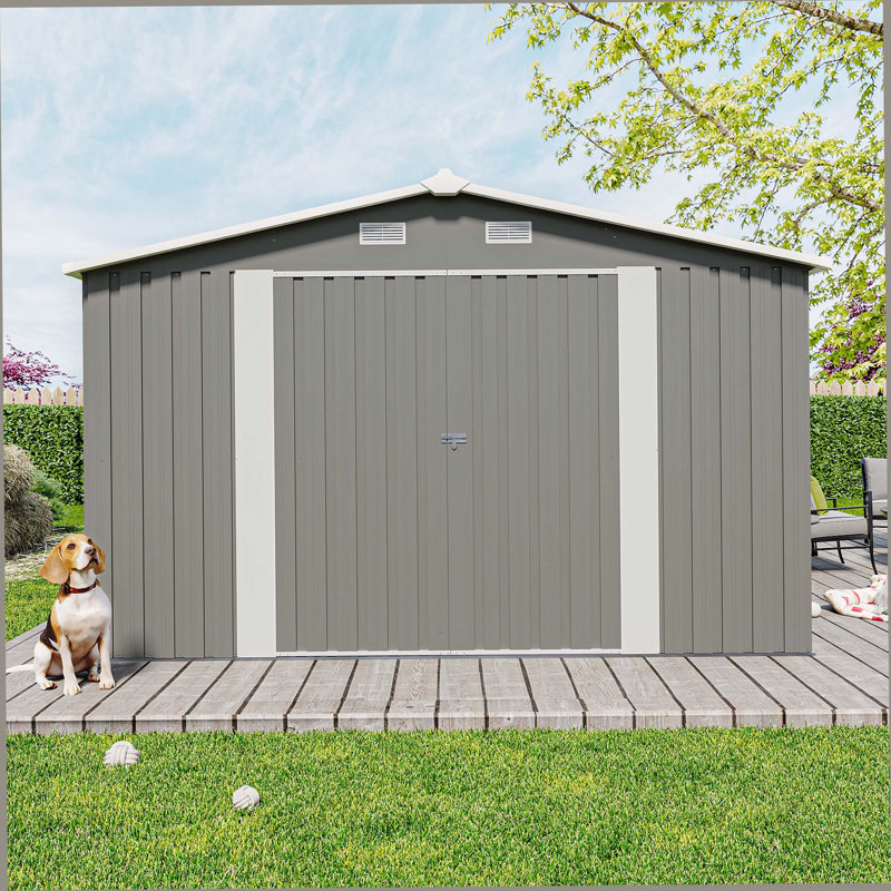 Remise de rangement d'extérieur 10 pi x 14 pi Campcraft avec 3 portes verrouillables, 4 bouches d'aération et toit incliné, remise pour outils en métal et 4 évents pour la cour, le patio, la pelouse et le gris clair