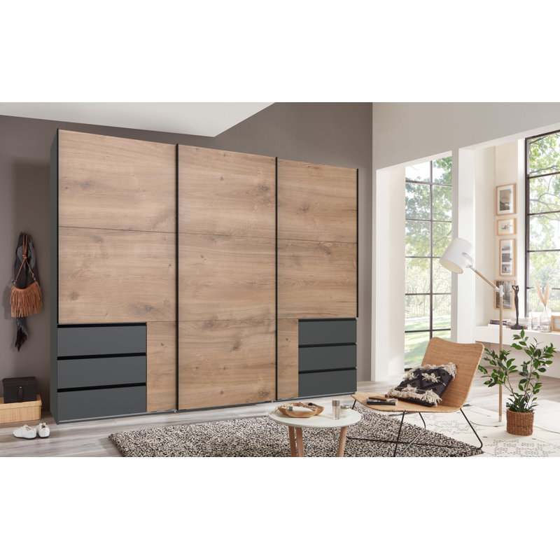 Guardino 3 Door Wardrobe, 236cm H x 300cm W x 65cm D, Graphite/Plank Oak