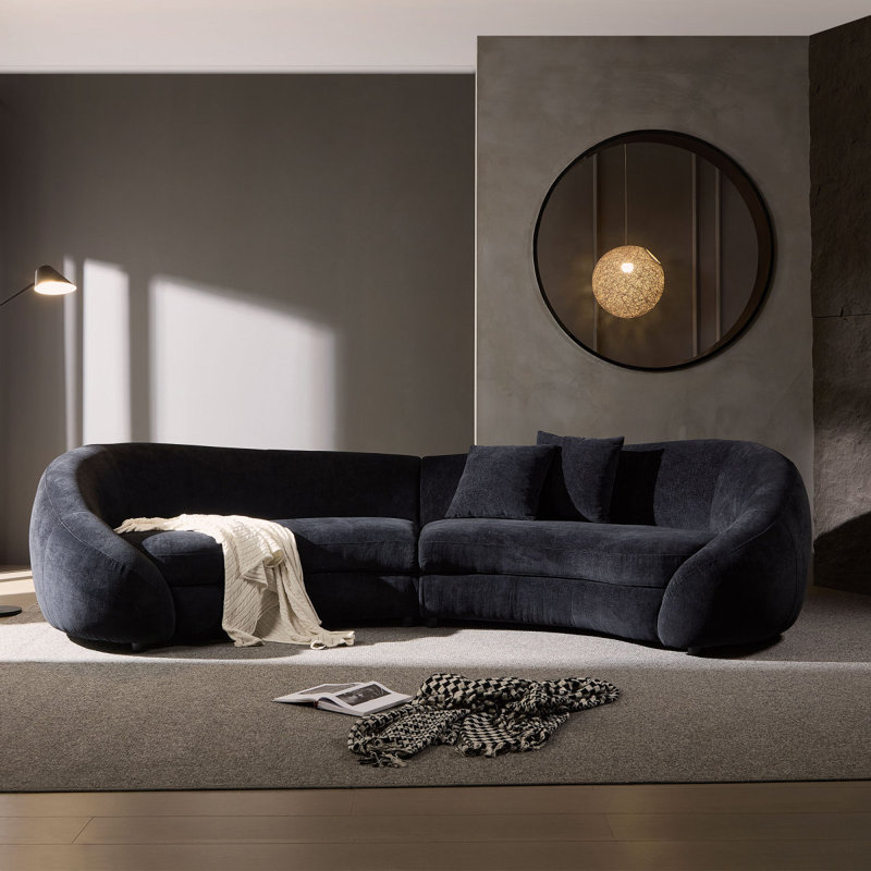 126" Upholstered Curved Sofa, Black Boucle