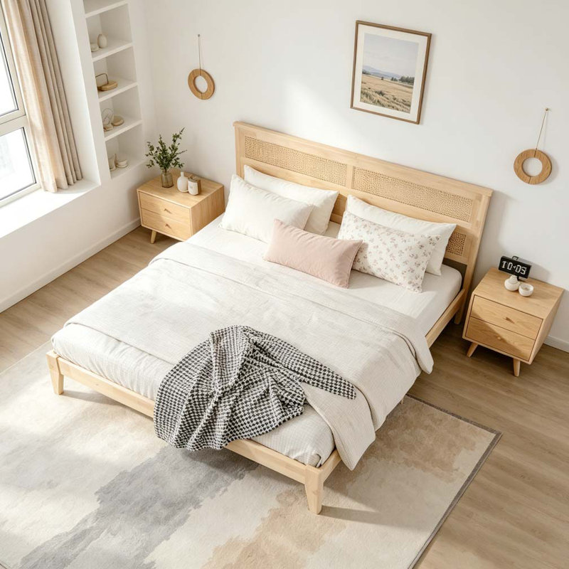 Solid Wooden Bed with Rattan Headboard, Natural, King