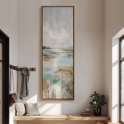 Grande toile murale encadrée, décor de paysage côtier bleu-brun calme - 60 po x 20 po, 60 po x 30 po