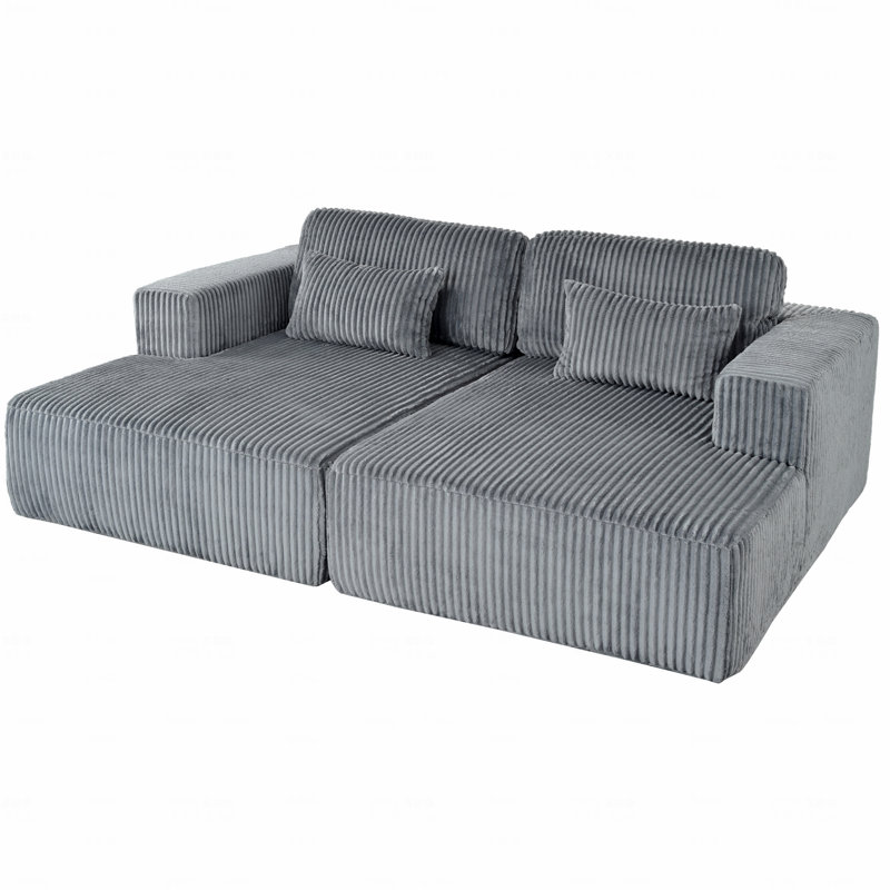 Sectional Sofa Bed, Corduroy 2-Seater  With 2 Throw Pillows, Gray Polyester