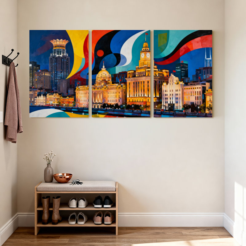 Villes et pays, paysage urbain, reflets, couleurs abstraites, veilleuses, architecture moderne, horizon urbain, ensemble de 3 impressions sur toile