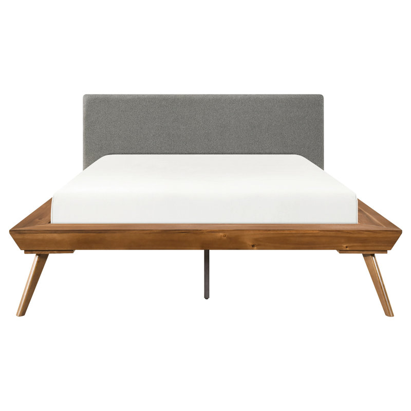 Lit plateforme double gris foncé et châtaignier avec revêtement de tête texturé, Lit double