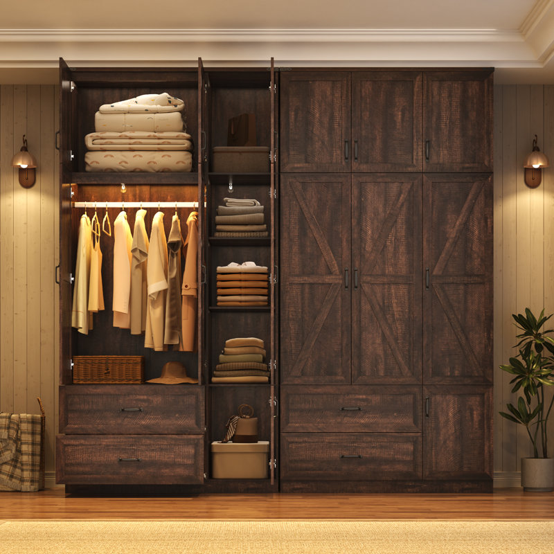 Armoire-penderie de 239 cm de haut, 6 portes, avec garde-robe supérieure et tiroirs, style champêtre, en bois, avec éclairage DEL à détecteur de mouvement et portes coulissantes. Parfait pour ranger des vêtements dans une chambre. Couleur : marron.