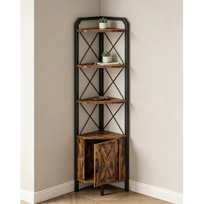 Étagère d'angle avec garde-robe, bibliothèque de coin haute avec design en X et en losange, meuble de rangement à 4 niveaux pour salon, chambre, salle de bain, brun rustique et noir