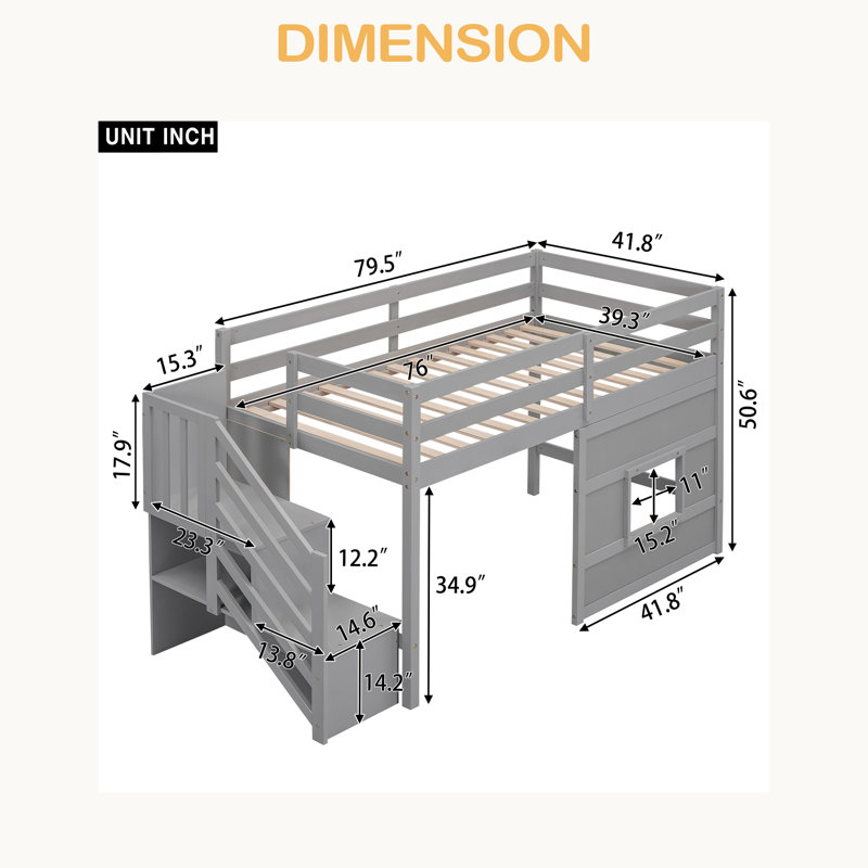 Lit mezzanine simple avec escalier de rangement et fenêtre avec lumière DEL, Gris