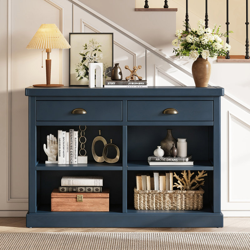 Console Bely Farmhouse avec 2 tiroirs et tablettes de rangement ouvertes, Console avec rangement à 2 tiroirs bleu marine