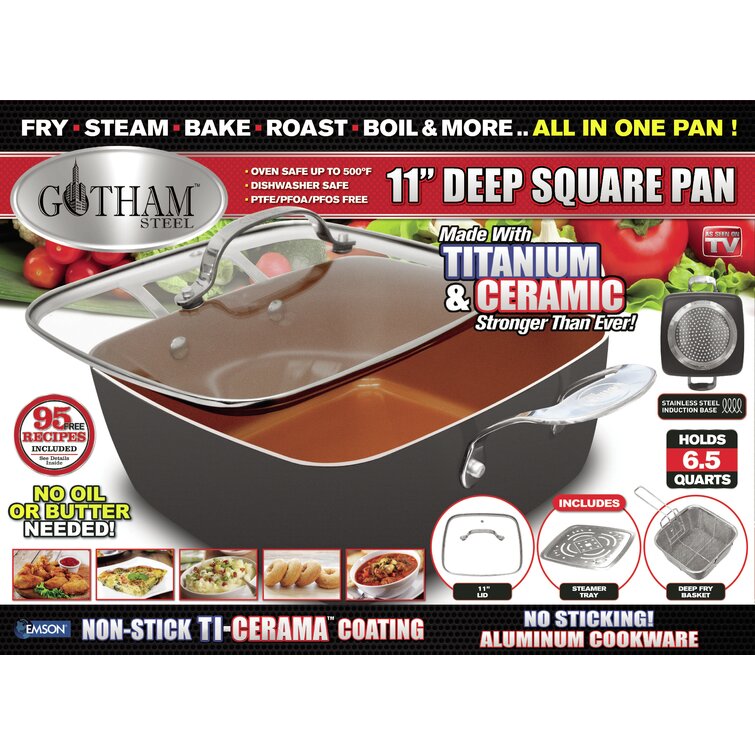 Gotham Steel 11” Deep Squre Nonstick Pan with Steamer Tray, Fry Basket and  Glass Lid & Reviews