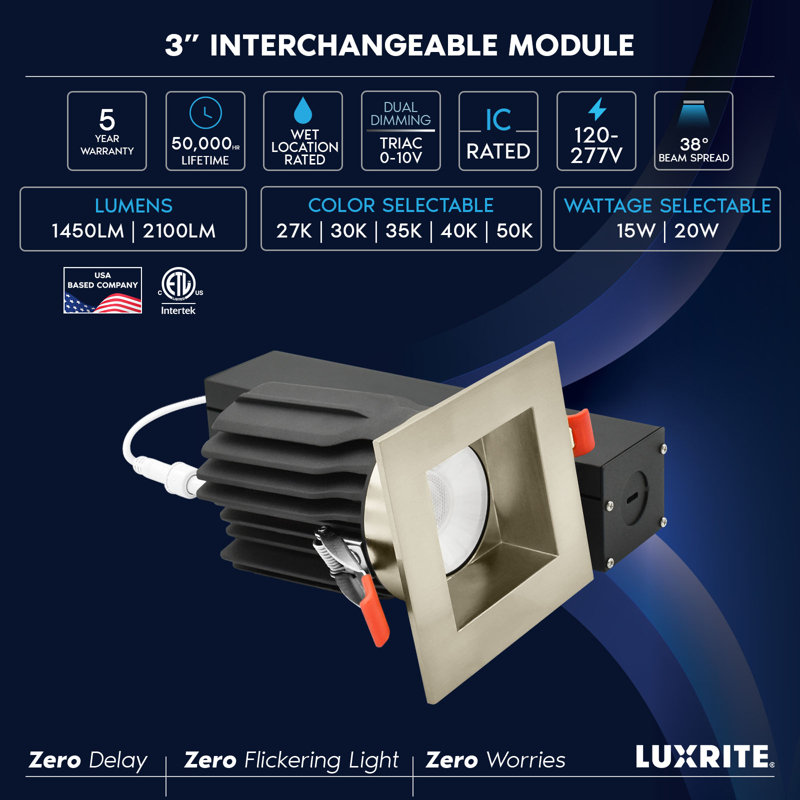 Luxrite 3 po Éclairage encastré à DEL sans cadre avec garniture carrée en nickel brossé interchangeable, 15 / 20W, 1450 / 2100LM, intensité variable, intensité variable 60 °, paquet de 4