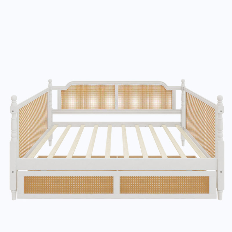 Traditional Style Rattan Daybed with 2 Drawers, Full / Double, White