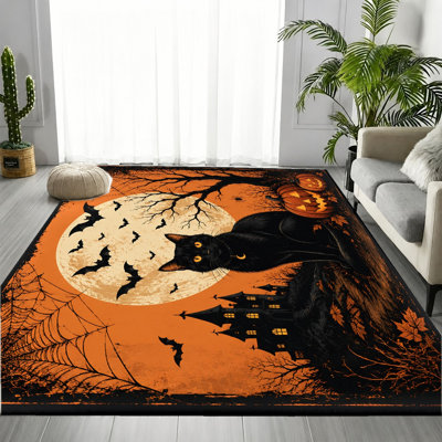 Tapis d'intérieur à thème Halloween, motif chat noir, lune, chauve-souris, maison hantée et citrouille, antidérapant, idéal pour le salon, la chambre, l'entrée, la cuisine ou un appartement.