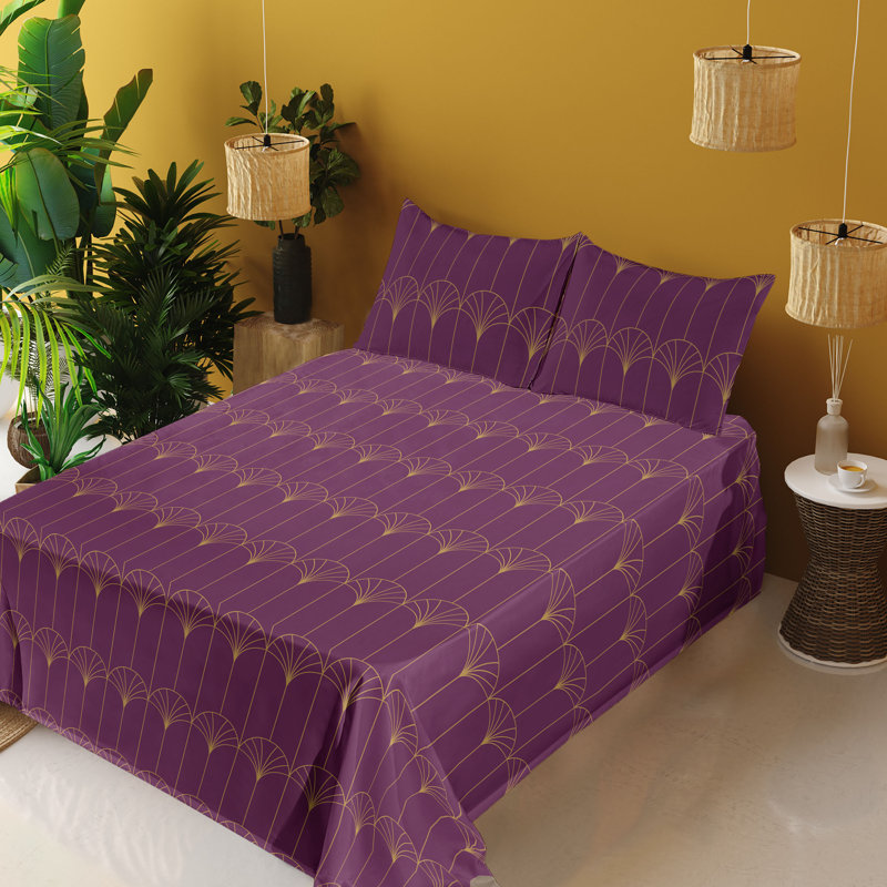 Microfiber Sheet Set, Full Sheet Set with 2 Pillowcases, Purple/Sand Brown Geometric