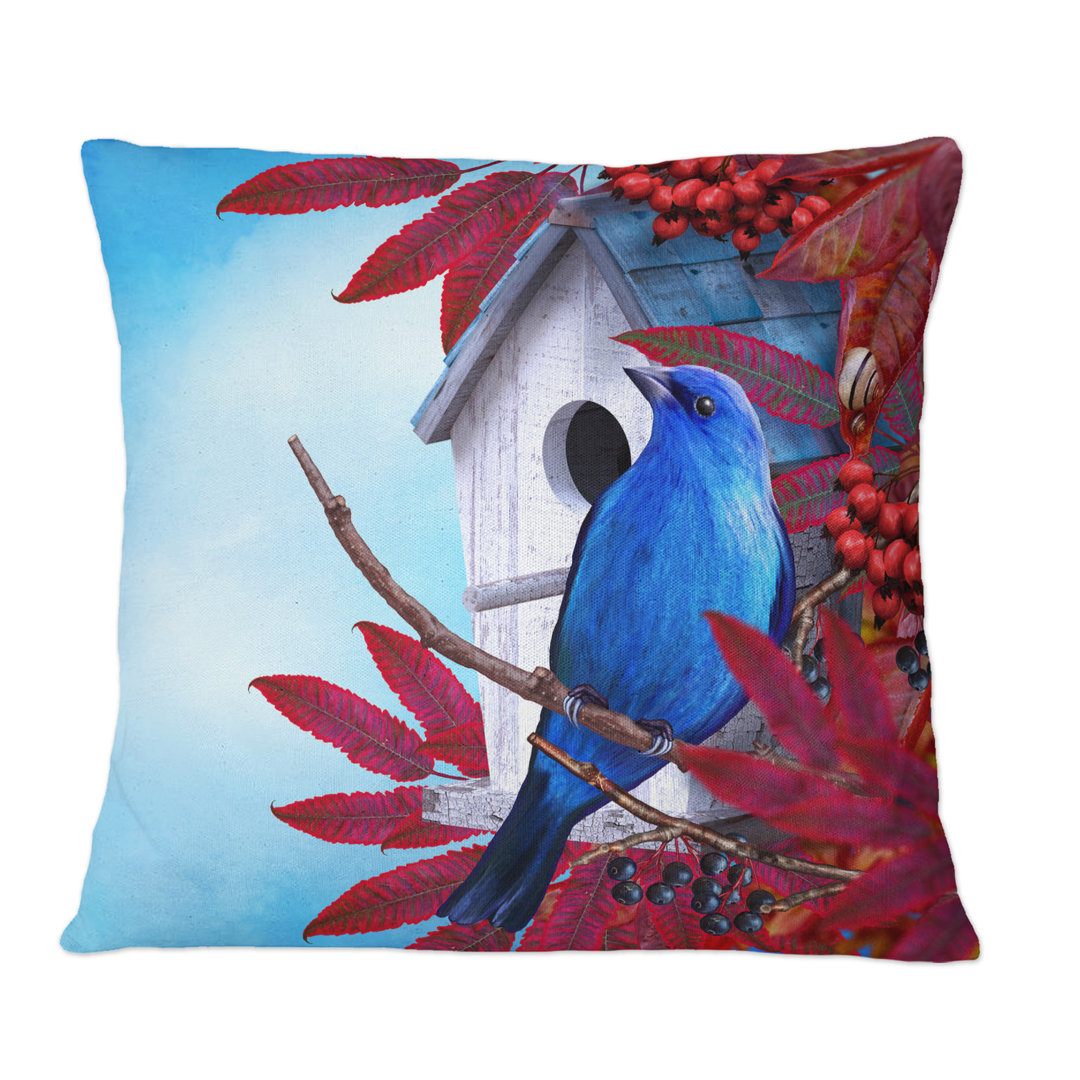 Little Blue Bird Sitting On Red Leaves Branch - Country Printed Throw Pillow Design Art