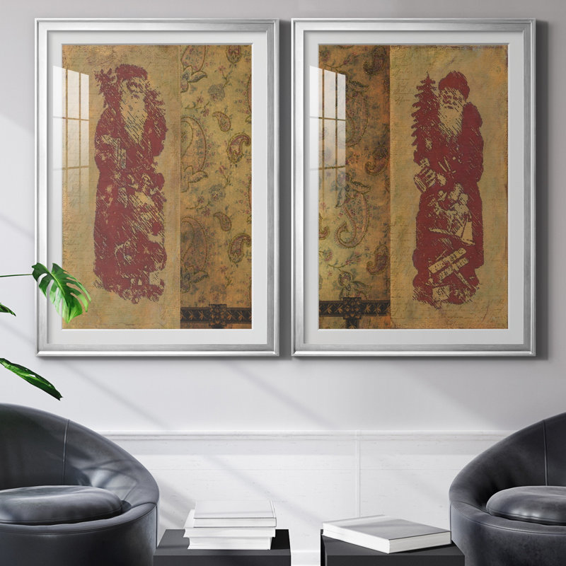 Vinatage Santa I - ensemble de 2 peintures, H 26,5 po x l 73 po x P 1,5 po, Papier avec cadre argenté, Blanc