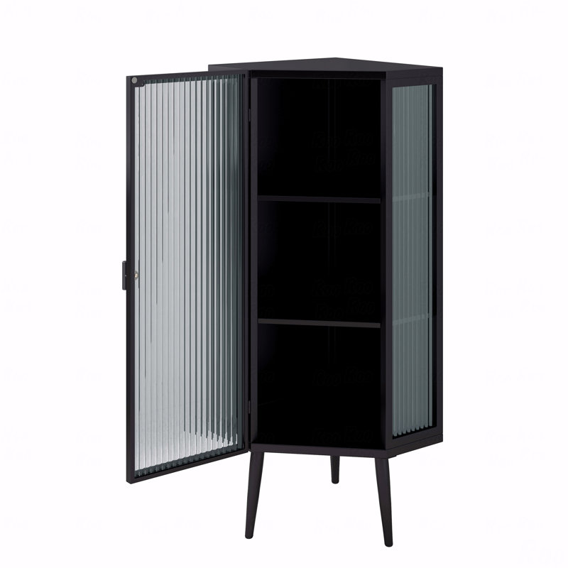 Armoire, porte en verre, porte en verre, trois niveaux avec portes trempées et tablettes de rangement, Noir