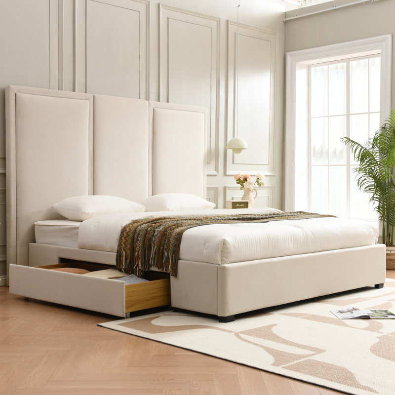 Morghen Upholstered Platform Bed With Extra High Headboard And 2 Extra Large Capacity Drawers, King, Beige Linen