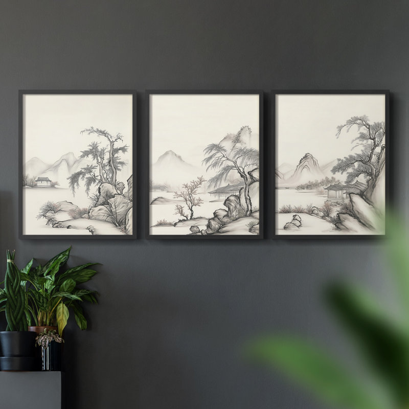 Lanscape Study Series VI -Set de 3 estampes numériques giclées -Prêt à accrocher, Noir, H 10 po x l 24 po
