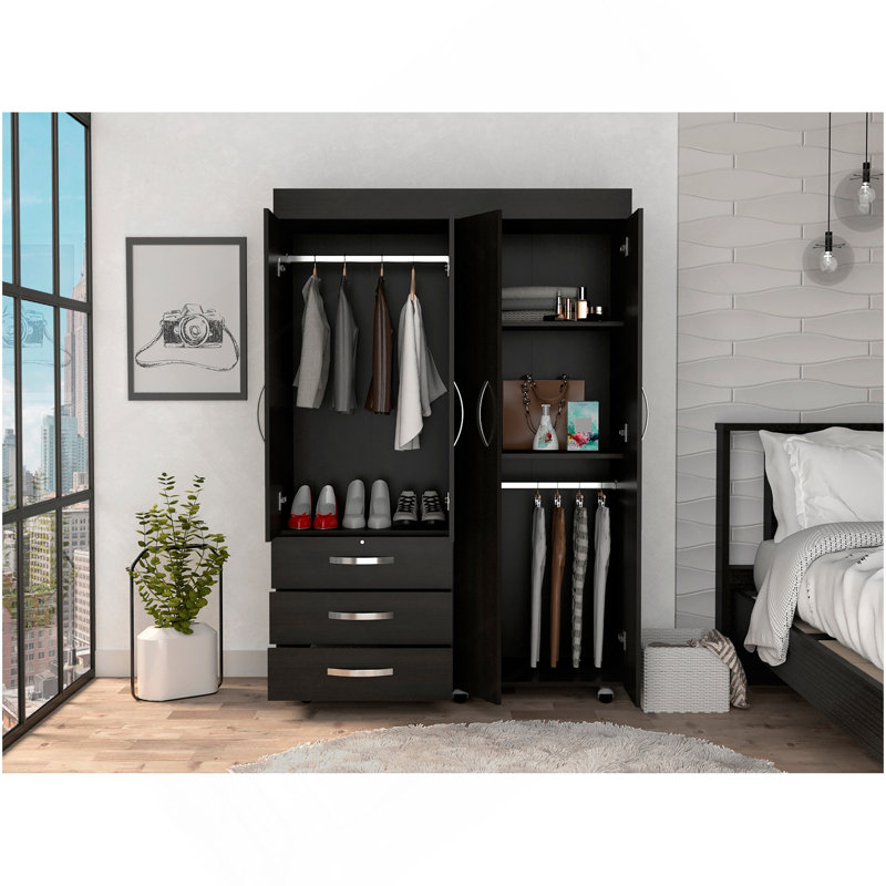 Armoire mobile Hamilton, armoire 4 portes, trois tiroirs, tringles, quatre tablettes, wengé noir - chambre à coucher, Noir