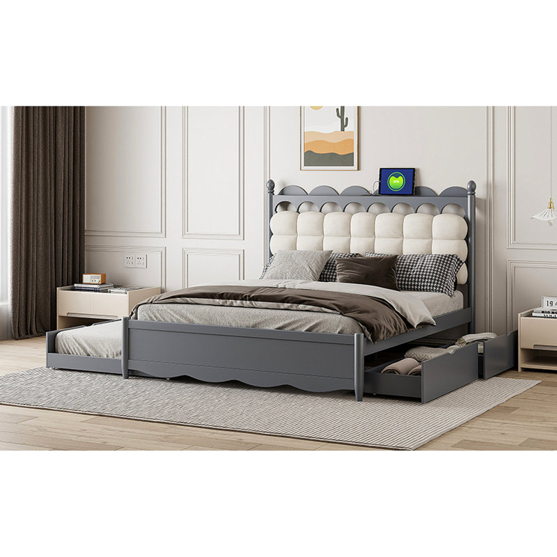 Lit plateforme en bois, grand, gigogne, 2 tiroirs, lit plateforme avec rangement dans les ports Stylish Essential, Gris