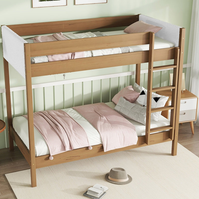 Lit superposé simple au-dessus de simple avec tête et pied de lit rembourrés Boucle, échelle, garde-corps de sécurité, structure en bois d'hévéa, naturel