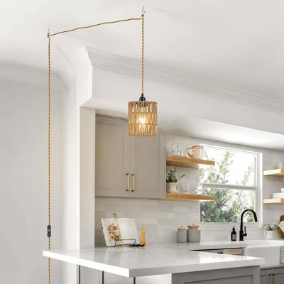 Plug In Pendant Light, Hanging Light With Plug In Cord, Ceiling Lamp Rattan Cylinder Lamp Shade On-Off Switch, Hanging Plant Shelf Shelves Bohemian Decor For Bedroom Living Room Corner