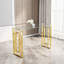 Console en acier inoxydable doré, combinaison de verre transparent avec patin sur pieds et plateau en acier
