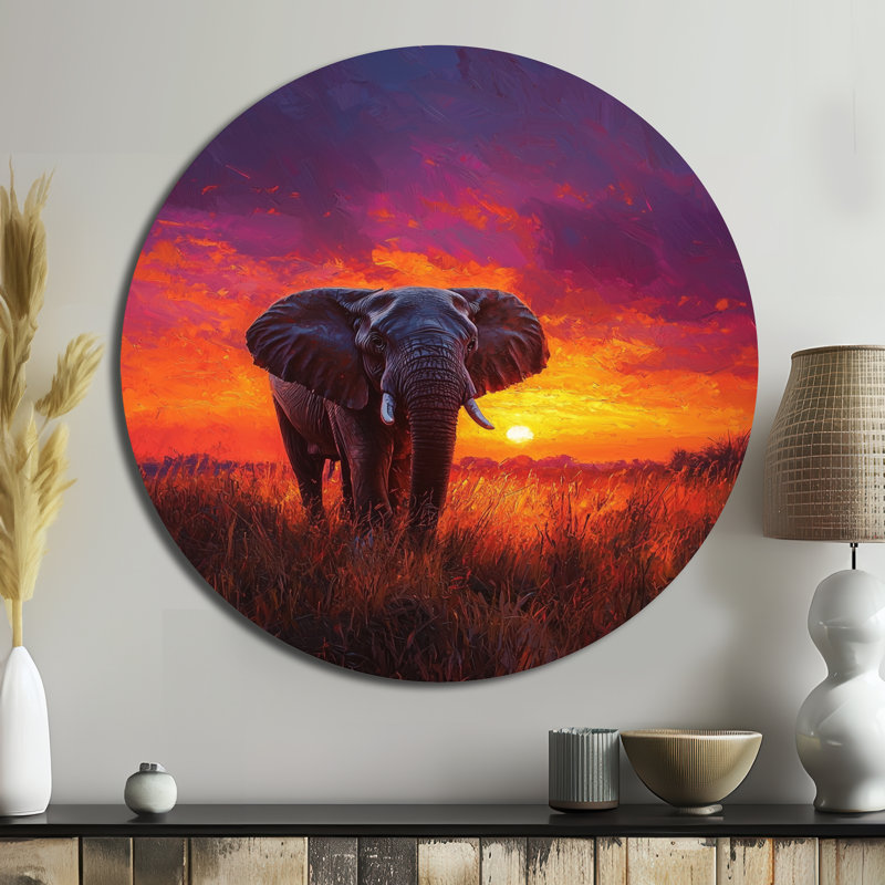«Elephant In The Sunset Glow», décoration murale ronde en métal, impression d'art moderne en métal jaune, H 16 po x l 16 po