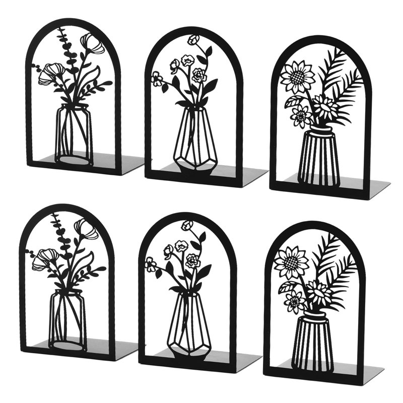 Black Metal Floral Vase Design Non-Slip Bookends Set