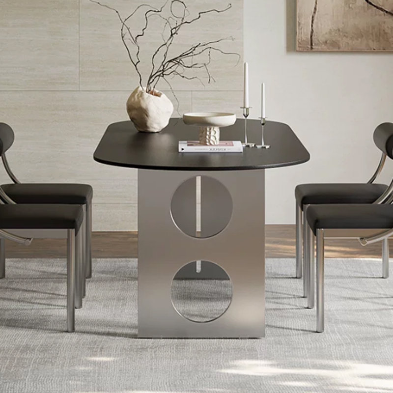Bureau durable en acier inoxydable en pierre frittée noire, 29.52" H x 55.11" W x 31.49" D, Oval, Black/Silver