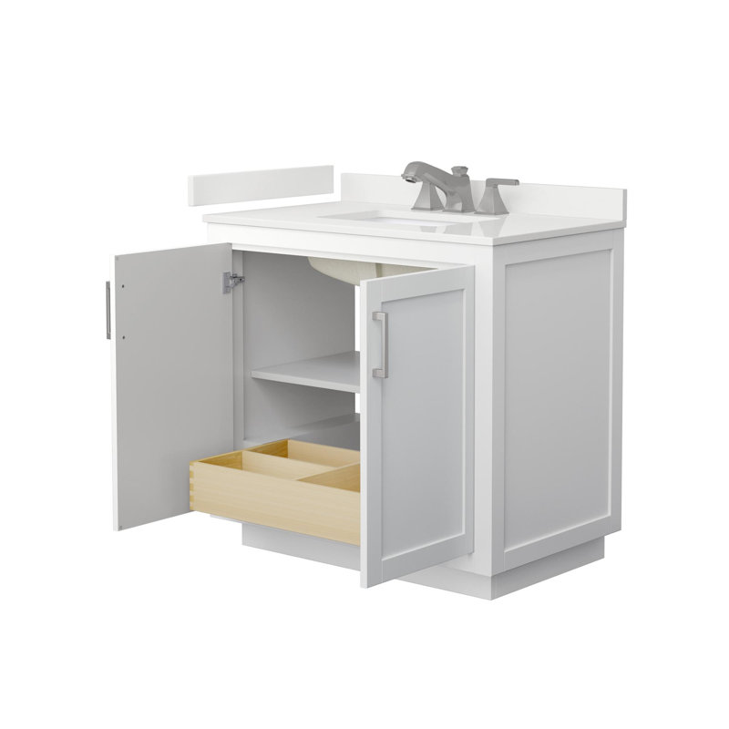 Ensemble de meuble-lavabo simple 36 po avec plateau en quartz Miranda, Quartz blanc, Blanc, Nickel brossé