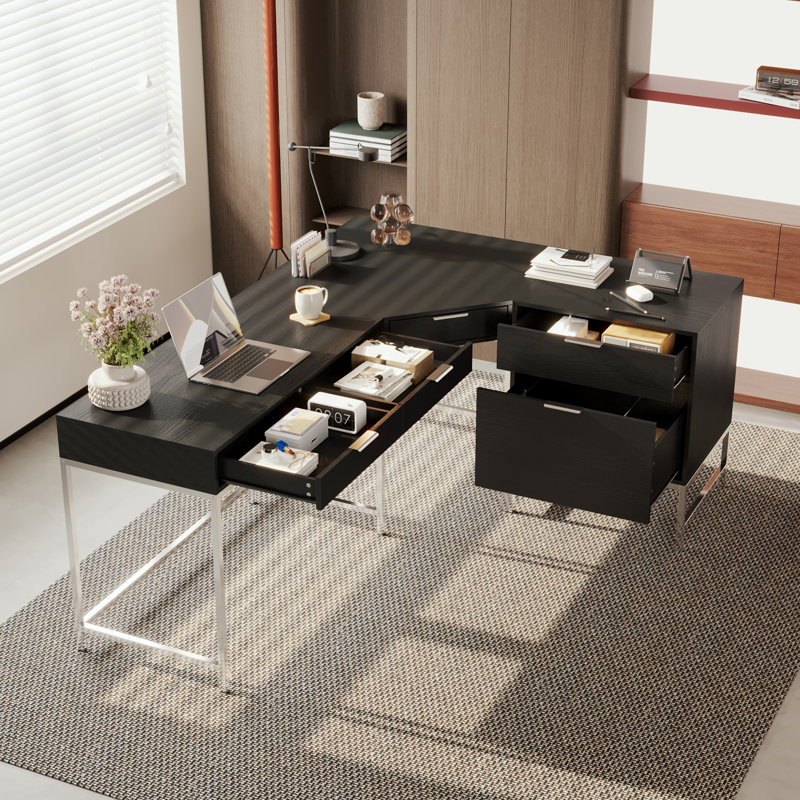70.9"W L-Shaped Office Desk With 4 Drawers