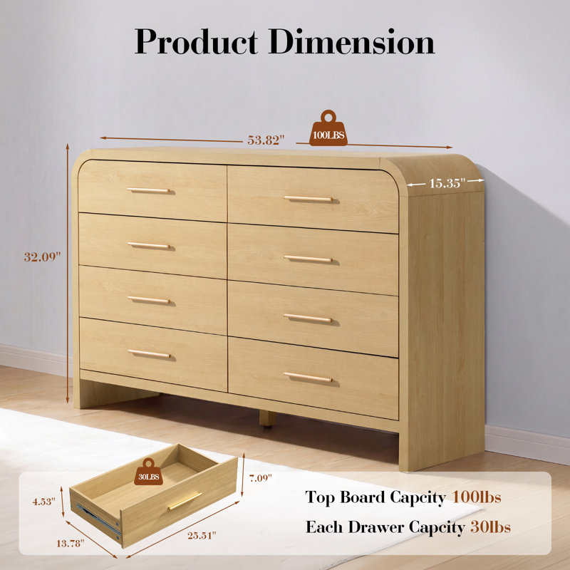 Commode 8 tiroirs 54 po, Chêne