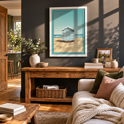 Striped Beach Hut Coastal - Framed Print