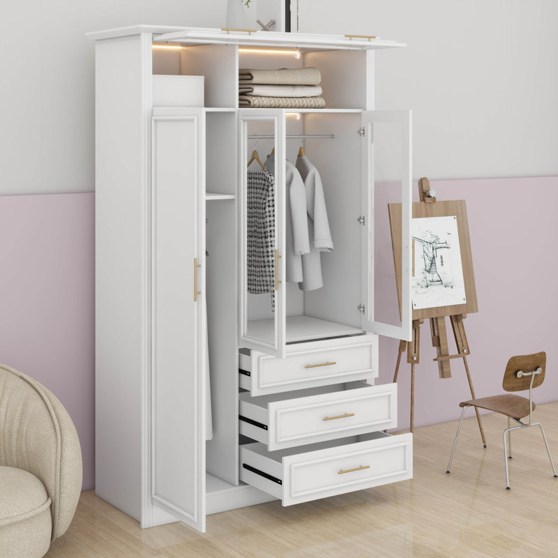 Armoire-penderie à 3 portes: éclairage à DEL intégré et 3 tiroirs pour un rangement supplémentaire