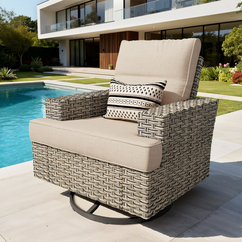 Carolle Outdoor Wicker Swivel Rocking Chair With Cushions, Wide-Arm Patio Lounge Chair For Porch & Backyard, Beige/Ivory